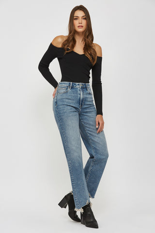 Amelie Frayed Wide Straight Leg Jeans