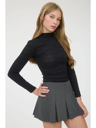 Isla Jacquard Mock Neck Top - Black