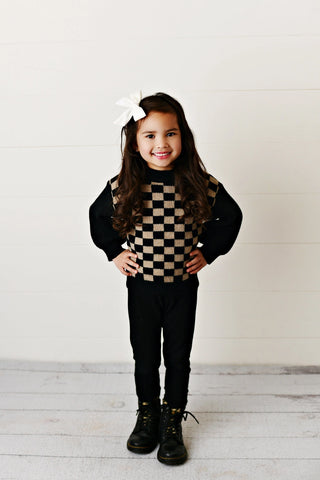 Girls Checkered Crew Neck Sweater