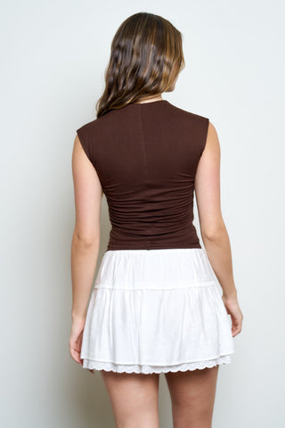 Thea Ruched Funnel Neck Top | Chocolate