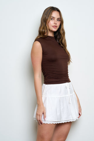 Thea Ruched Funnel Neck Top | Chocolate