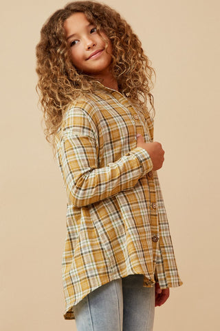 Girls Pocketed Plaid Button Up Shirt