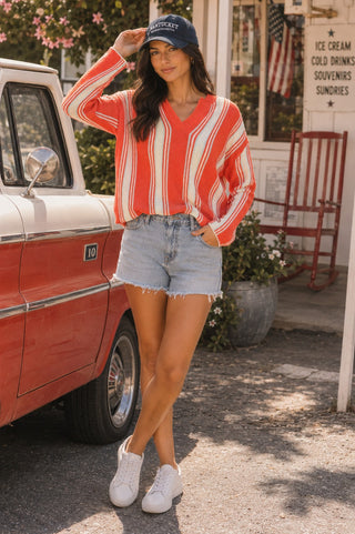 Boardwalk Breeze Striped Sweater | Coral